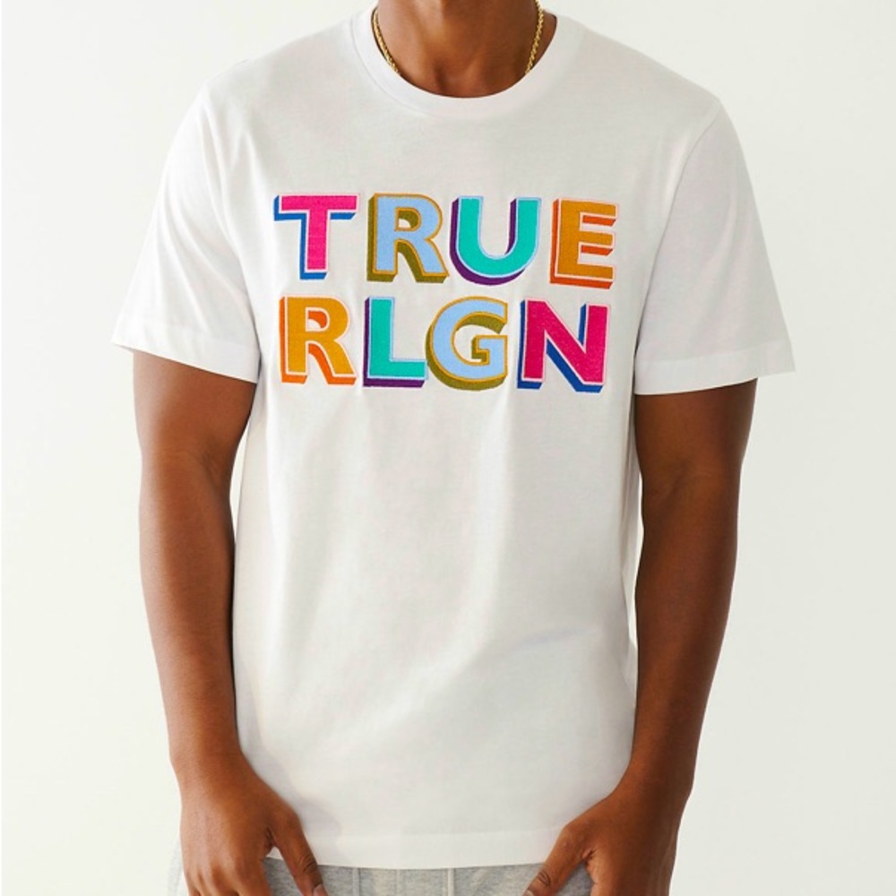 True Religion Mens XL Shirt - Optic White Block Letter Tee - Embrodiered